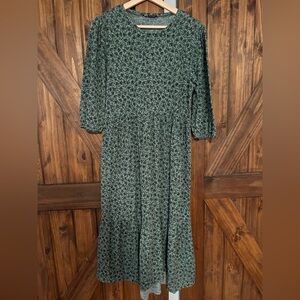 Green with black floral midi dress. Zara. Size medium.